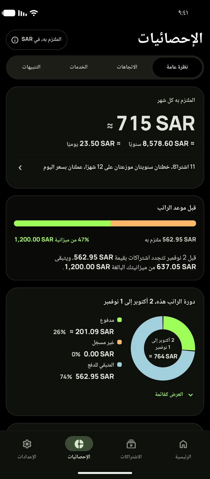الإحصائيات في الوضع الداكن مع ما يتجدّد قبل الراتب، على Android