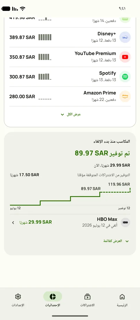 كم كلّفت كل خدمة حتى الآن، والمكاسب، على Android