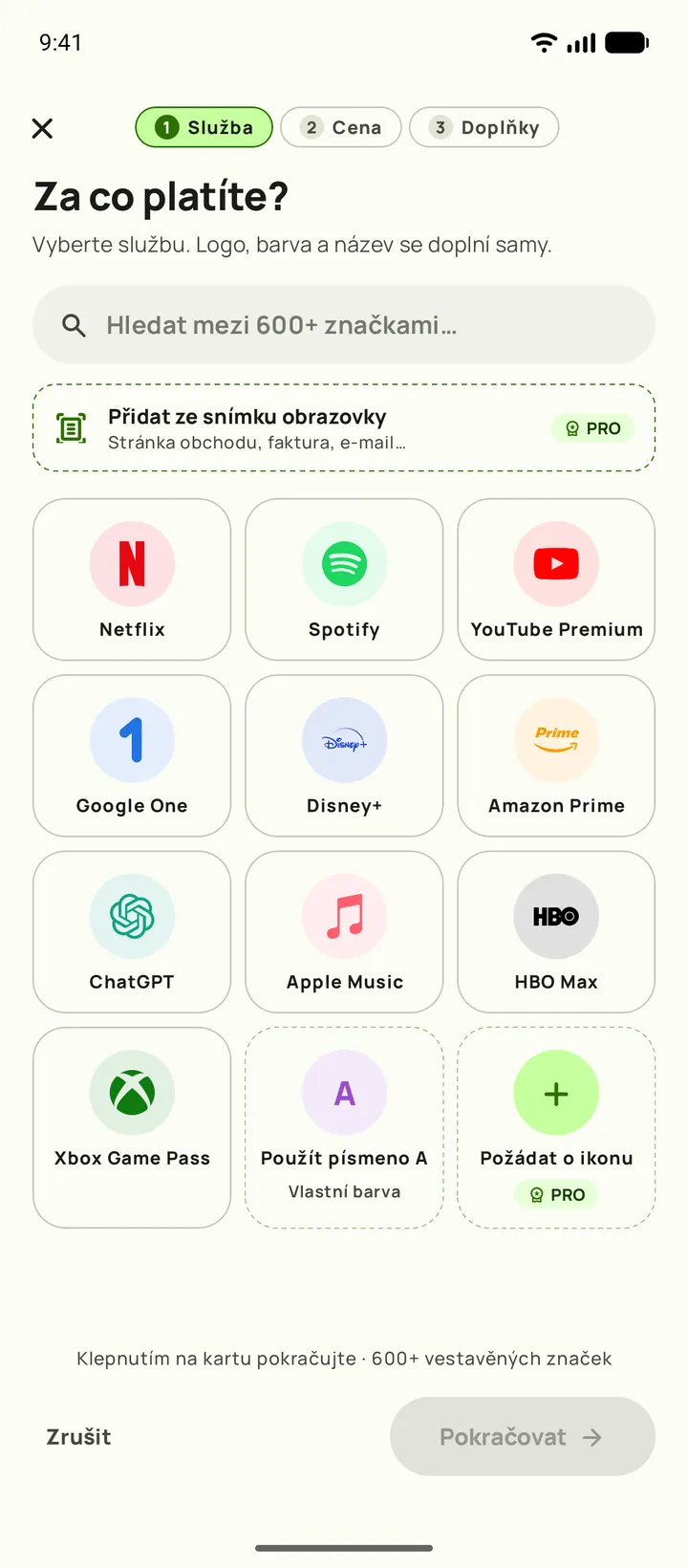 Přidání předplatného v Subby, první krok: výběr služby, Android