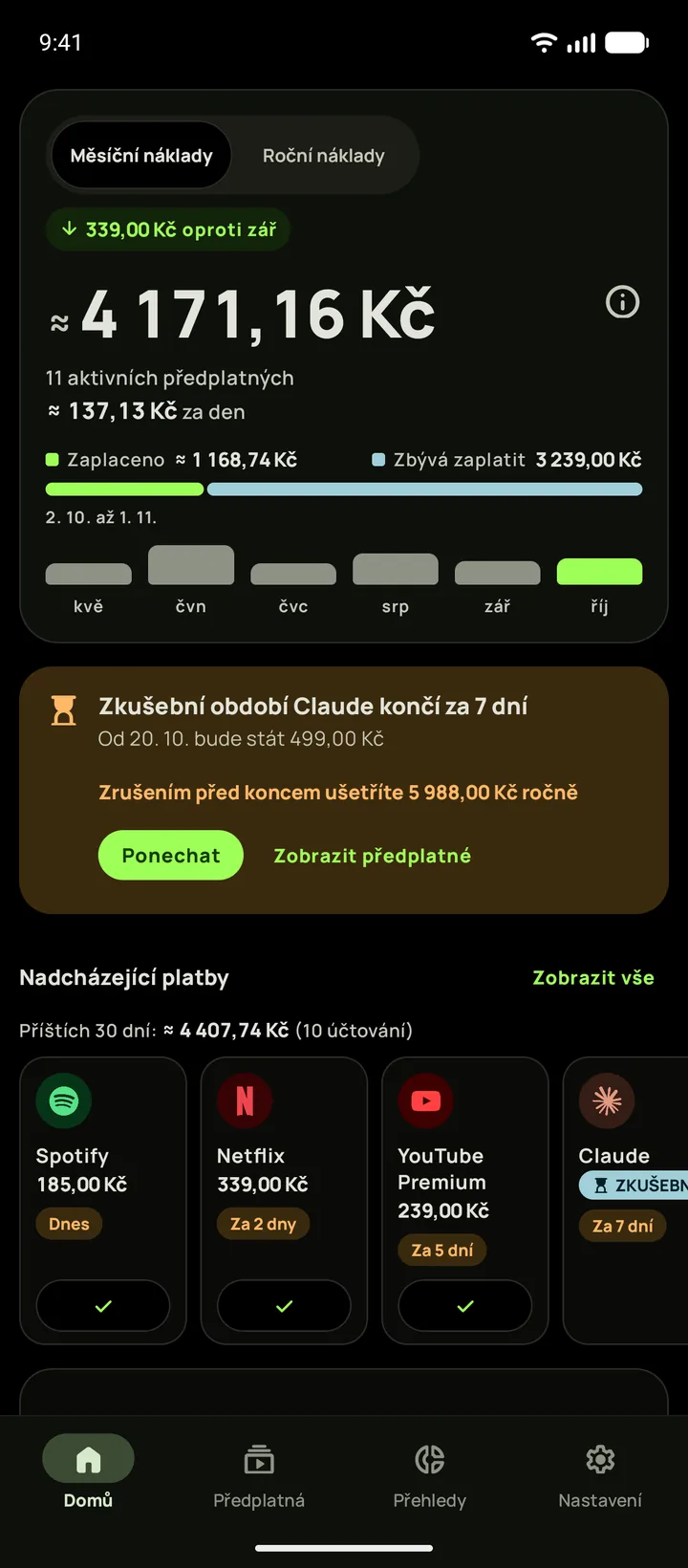 Obrazovka Domů v Subby v tmavém režimu s měsíčním součtem a nadcházejícími platbami, Android