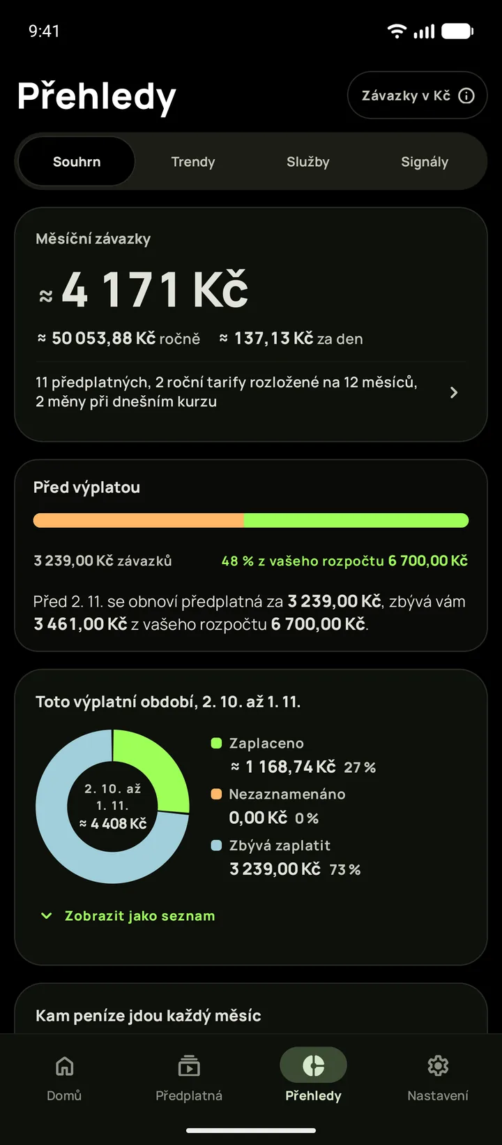 Přehledy v tmavém režimu s tím, co se obnoví před výplatou, Android