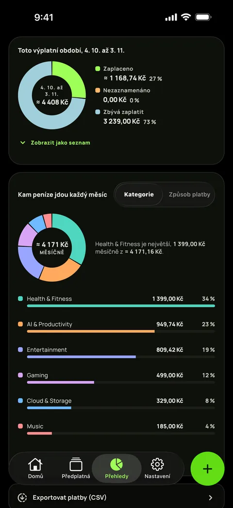 Výdaje podle kategorie v tmavém režimu, a export CSV, iPhone