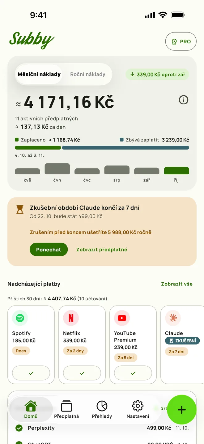 Obrazovka Domů v Subby s měsíčním součtem, denním nákladem, zaplacenou částkou, zbývajícími platbami a nadcházejícími platbami, iPhone