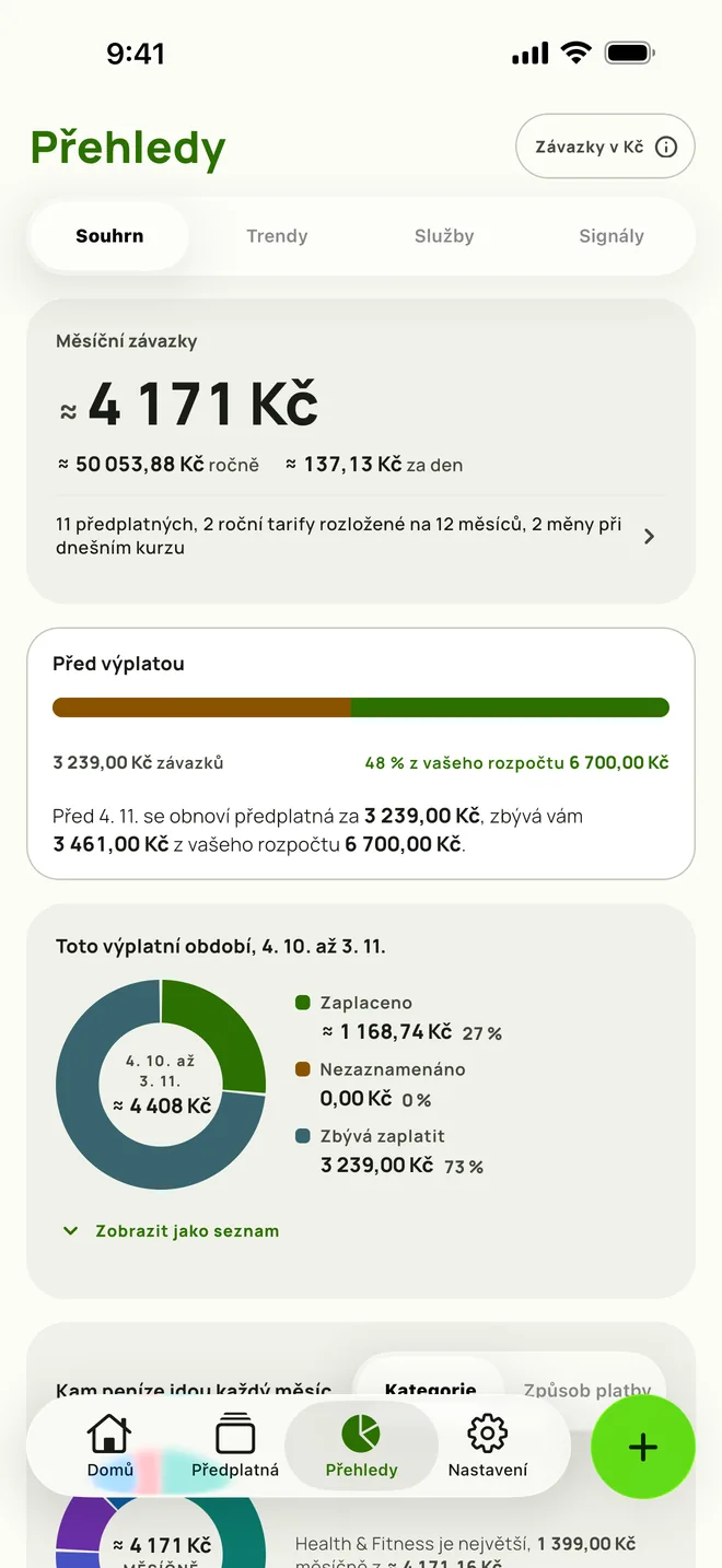 Přehledy s tím, co se obnoví před výplatou, a zbývajícím rozpočtem, iPhone