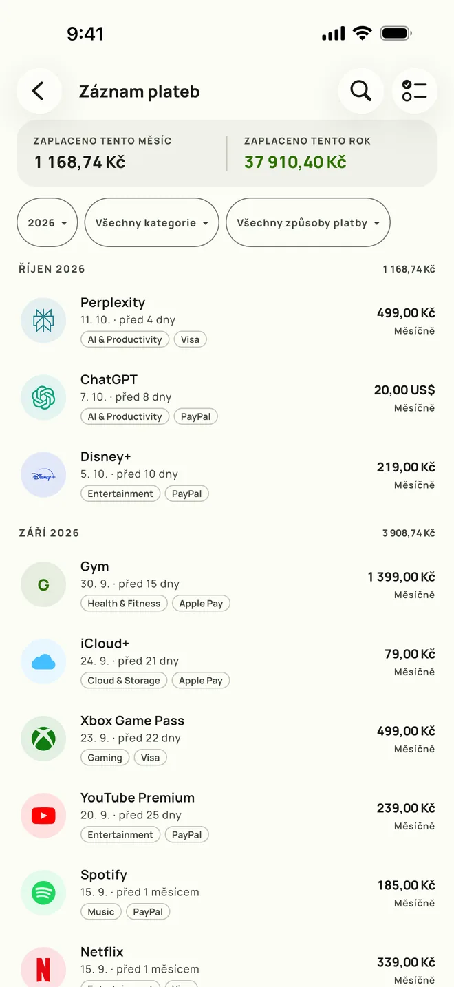 Historie plateb Subby, kompletní přehled s měsíčními součty, na iPhonu