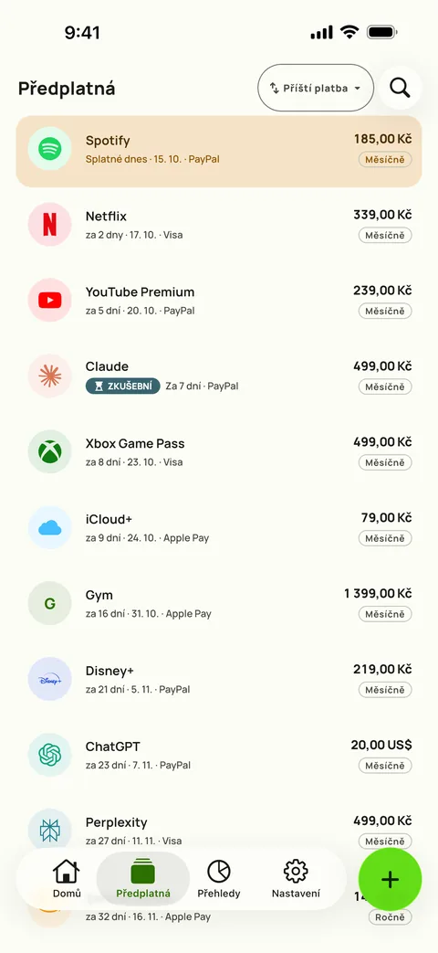 Předplatná seřazená podle příští platby, s cenou, obdobím a kartou, iPhone