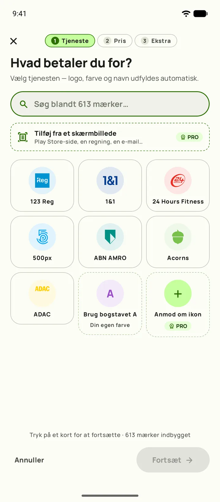 Tilføjelse af et abonnement i Subby. Trin ét, vælg tjenesten, på Android