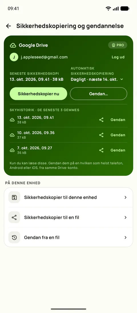 Sikkerhedskopiering og gendannelse, med tidsplanen og de tre seneste sikkerhedskopier, på Android