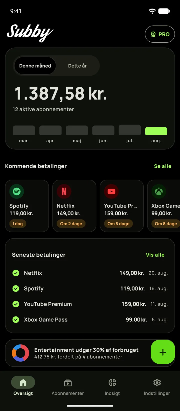 Subbys Oversigt i mørkt tema med månedssummen og de kommende betalinger, på Android
