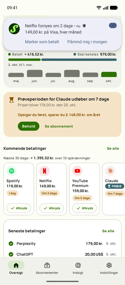 Et praj med beløb, kort og cyklus samt Marker som betalt, på Android