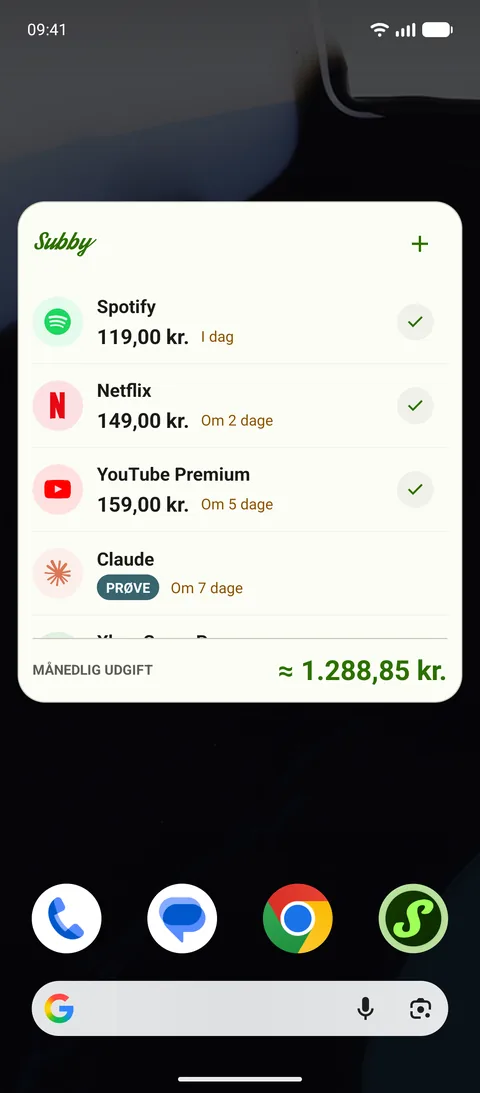 Widget til startskærmen med kommende betalinger, på Android