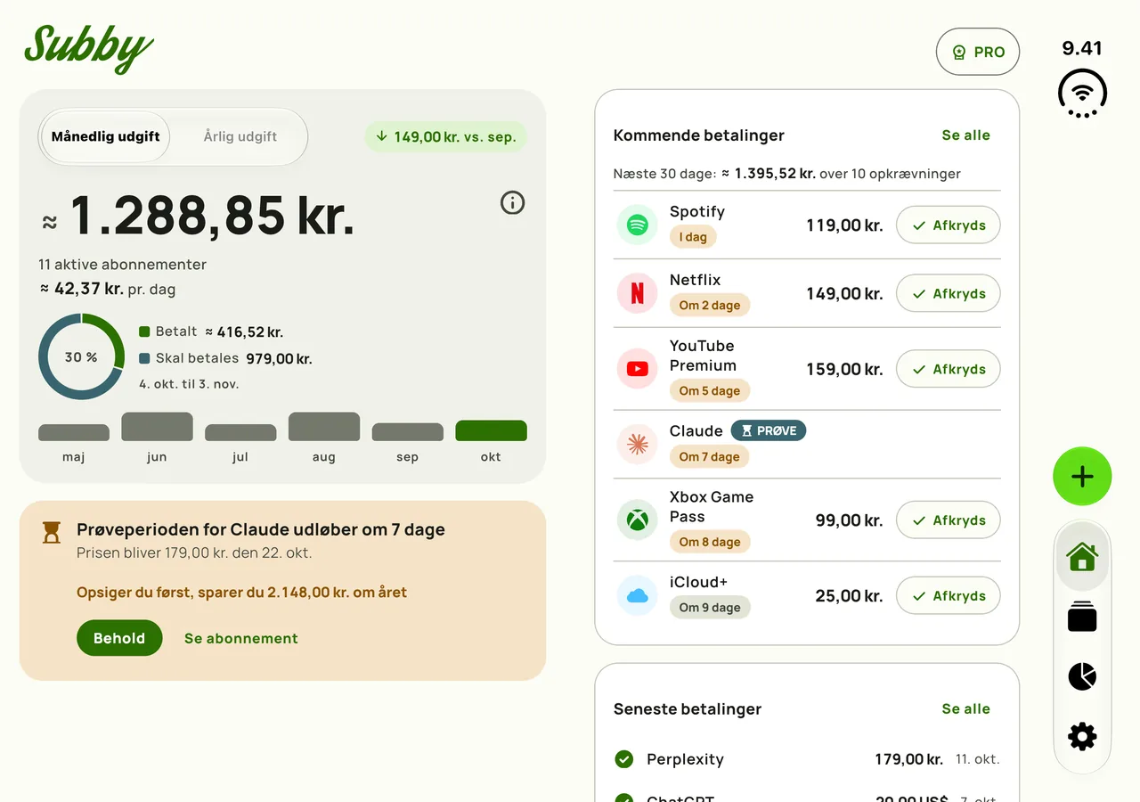 Subby Oversigt på en åben iPhone Duo, summen på ét panel og betalinger på det andet