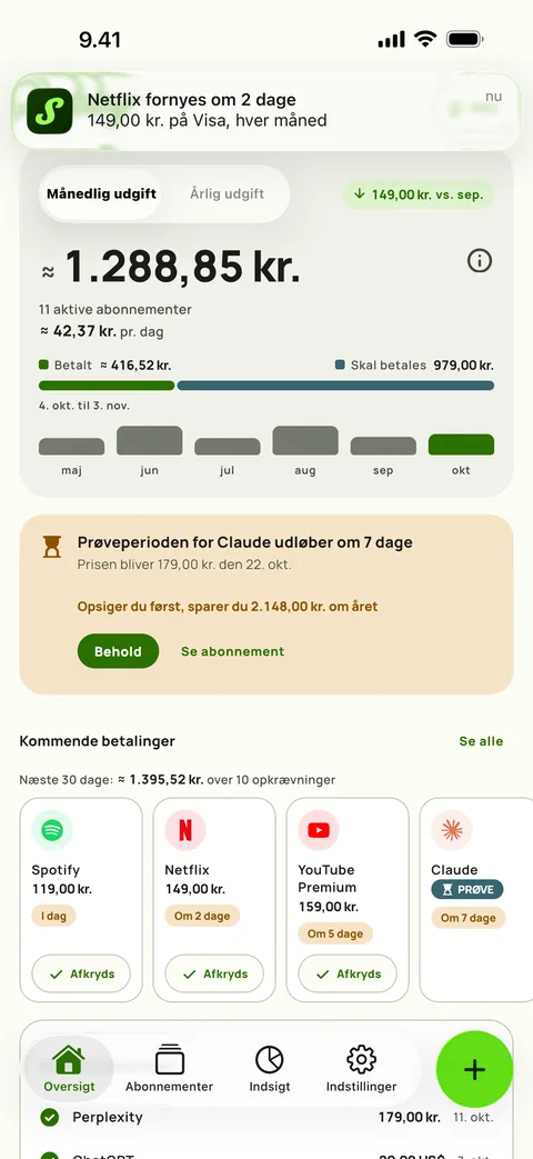 Et praj med beløb, kort og cyklus samt Marker som betalt, på iPhone