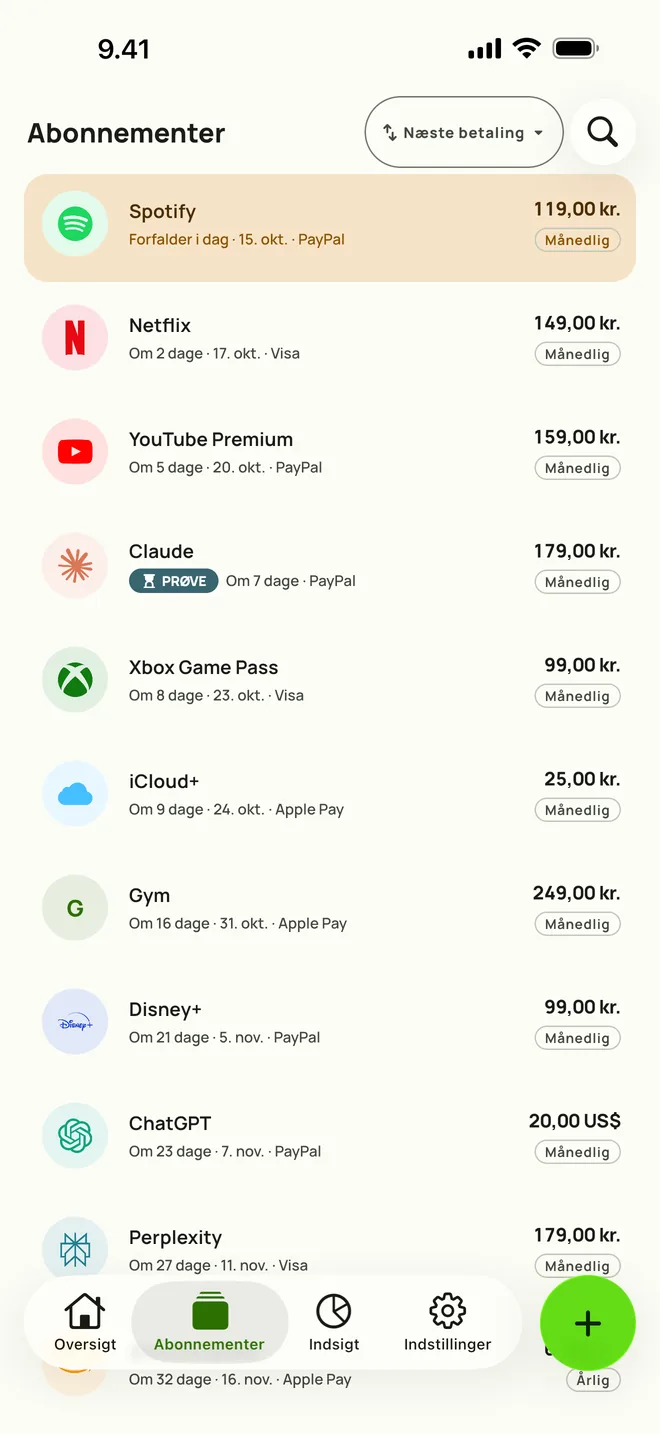 Fanen Abonnementer i Subby på iPhone, sorteret efter næste betaling: Spotify forfalder i dag, så Netflix, YouTube Premium og en prøveperiode, hver med pris og cyklus