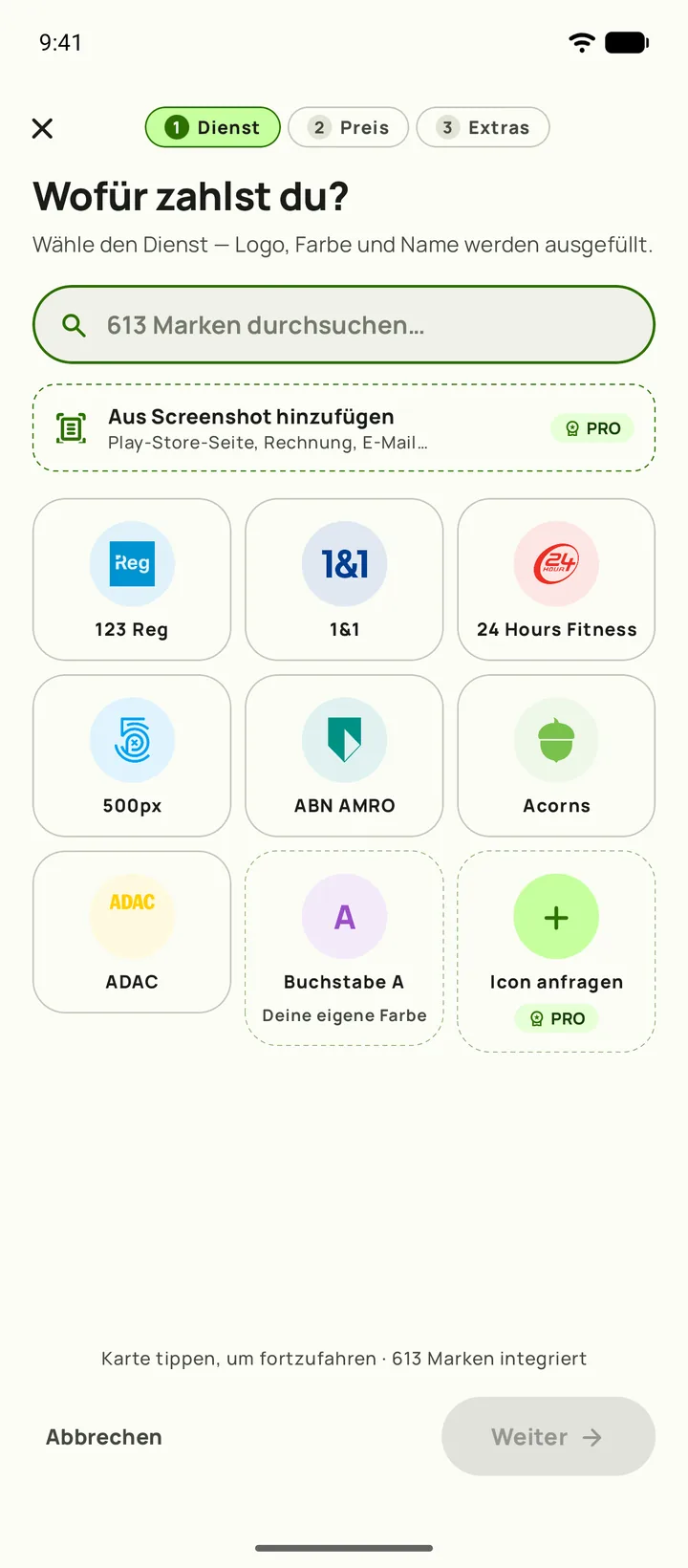 Ein Abo in Subby hinzufügen — Schritt eins, den Dienst wählen