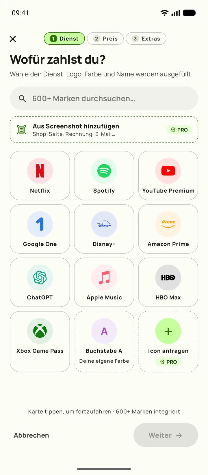 Ein Abo in Subby hinzufügen. Schritt eins: den Dienst auswählen, auf Android