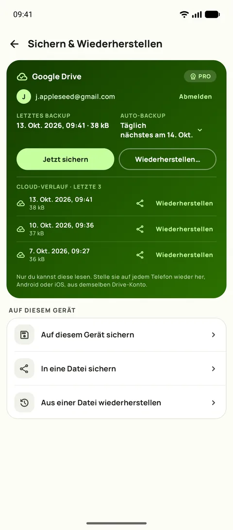 Sicherung und Wiederherstellung in Subby auf Android: Google Drive verbunden, automatisches Backup auf täglich gestellt, die letzten drei Sicherungen bleiben erhalten