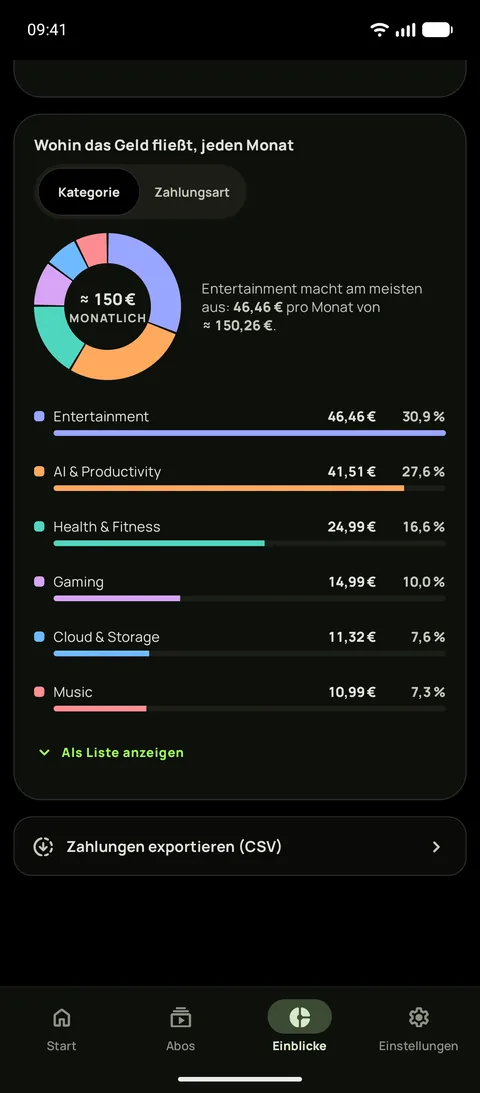 Einblicke auf Android im echt schwarzen Design: wohin das Geld jeden Monat fließt, nach Kategorie, Unterhaltung am größten mit 55,05, und eine Zeile zum Exportieren der Zahlungen als CSV