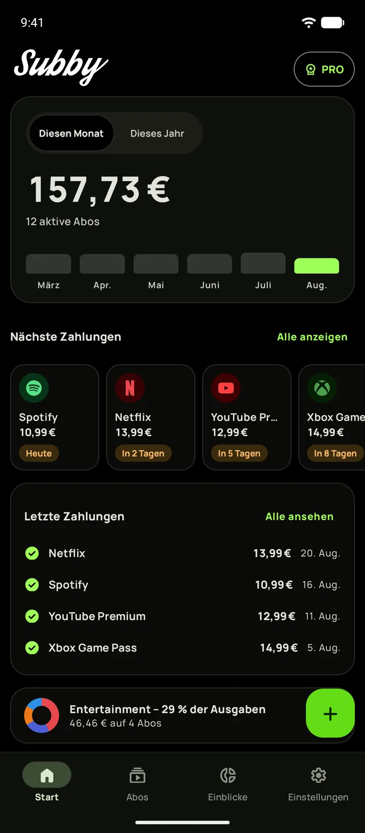 Subby Start im echt schwarzen Design mit den monatlichen Kosten, einer Karte für eine Testphase, die in sieben Tagen endet, und den nächsten Zahlungen, auf Android