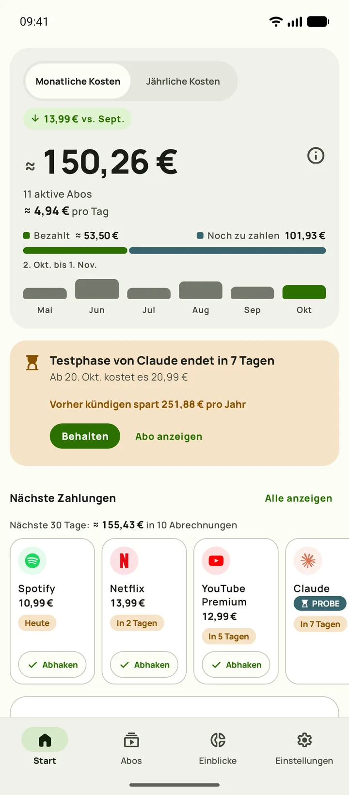 Subby Start mit den monatlichen Kosten, den Kosten pro Tag, bezahlt und noch zu zahlen, einer Karte für eine Testphase, die in sieben Tagen endet, und den nächsten Zahlungen, auf Android