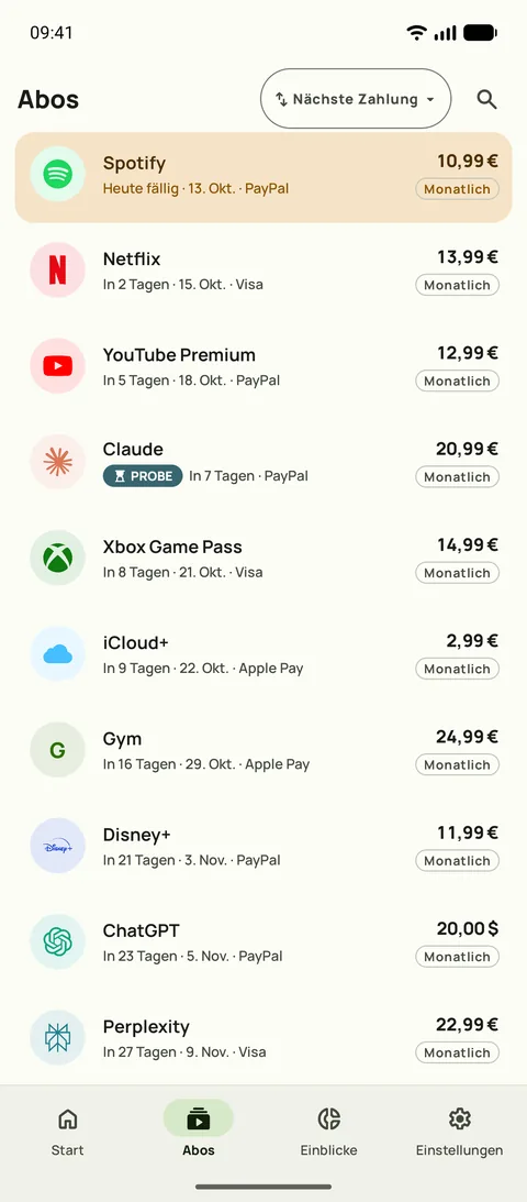 Der Tab Abos in Subby auf Android, nach nächster Zahlung sortiert: Spotify heute fällig, dann Netflix, YouTube Premium und eine Testphase, jeweils mit Preis und Zyklus