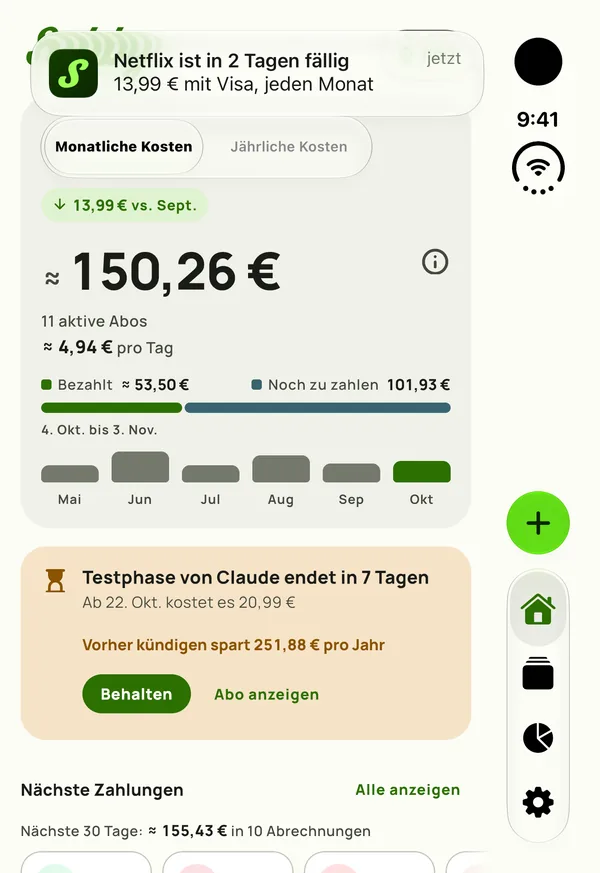 Eine Subby-Erinnerung auf dem äußeren Display des zugeklappten iPhone Duo: Netflix verlängert sich in 2 Tagen, 15,49 auf Visa, jeden Monat