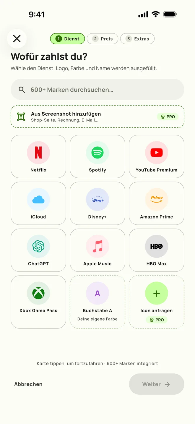 Ein Abo in Subby hinzufügen. Schritt eins: den Dienst auswählen, auf iPhone