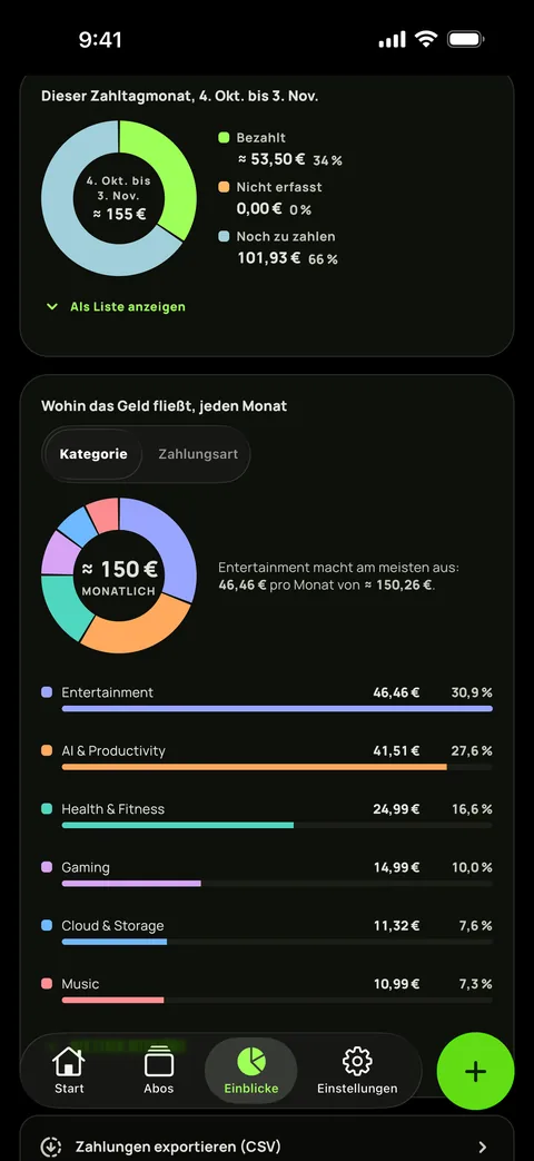 Ausgaben nach Kategorie im Dark Mode und der CSV-Export, auf iPhone