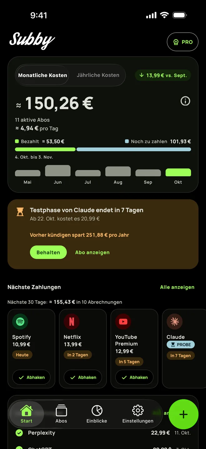 Subby Start im echt schwarzen Design mit den monatlichen Kosten, einer Karte für eine Testphase, die in sieben Tagen endet, und den nächsten Zahlungen, auf iPhone