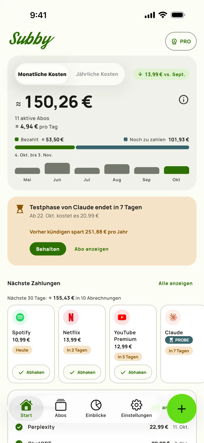 Subby Start mit den monatlichen Kosten, den Kosten pro Tag, bezahlt und noch zu zahlen, einer Karte für eine Testphase, die in sieben Tagen endet, und den nächsten Zahlungen, auf iPhone