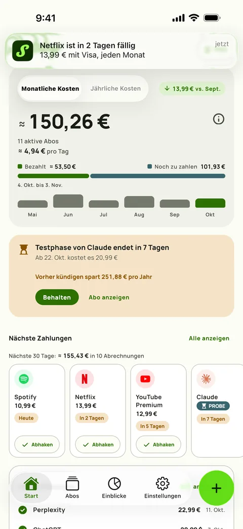 Eine Subby-Erinnerung, die den Dienst, den Betrag, die Karte und den Zyklus nennt, mit Abhaken auf der Benachrichtigung, auf iPhone