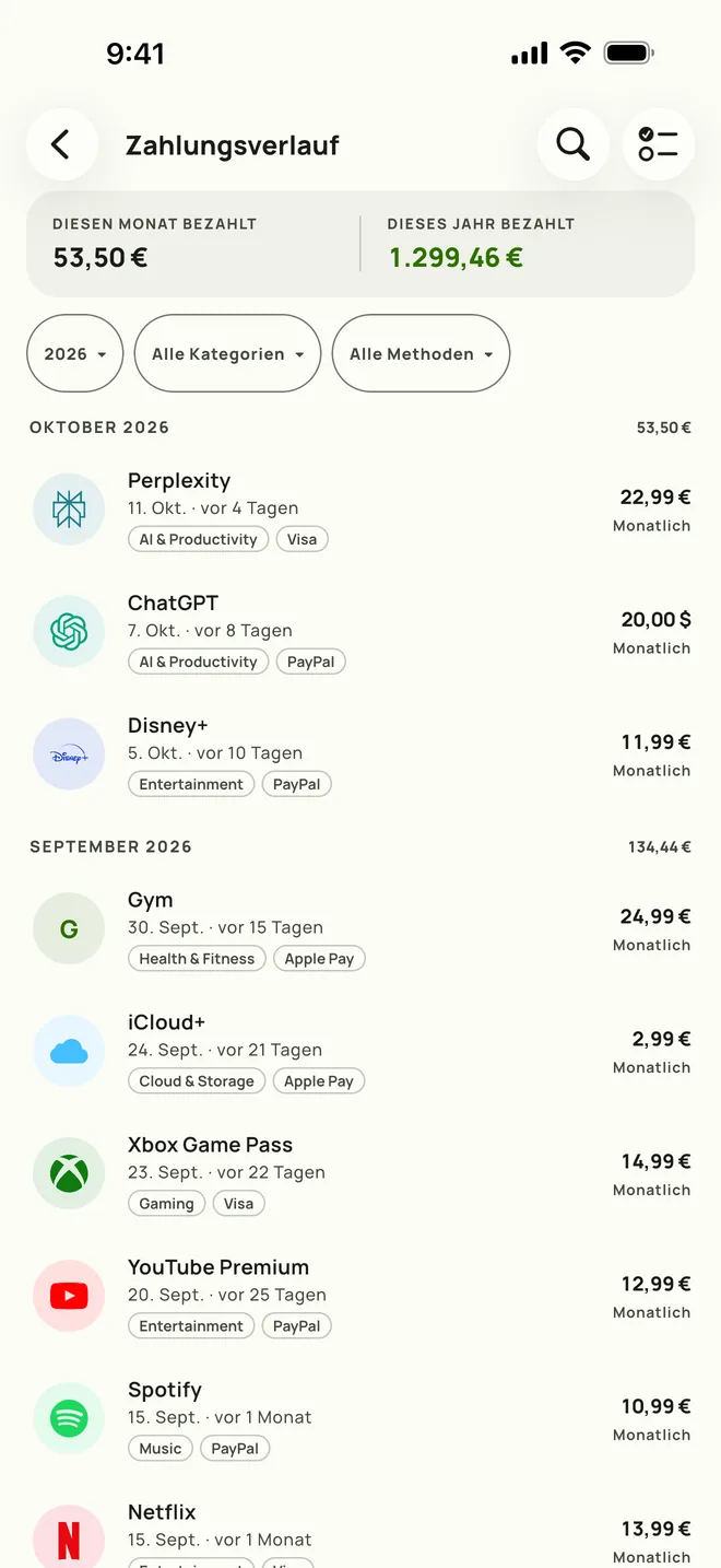Subby-Zahlungsverlauf mit der kompletten Historie und Monatssummen, auf dem iPhone