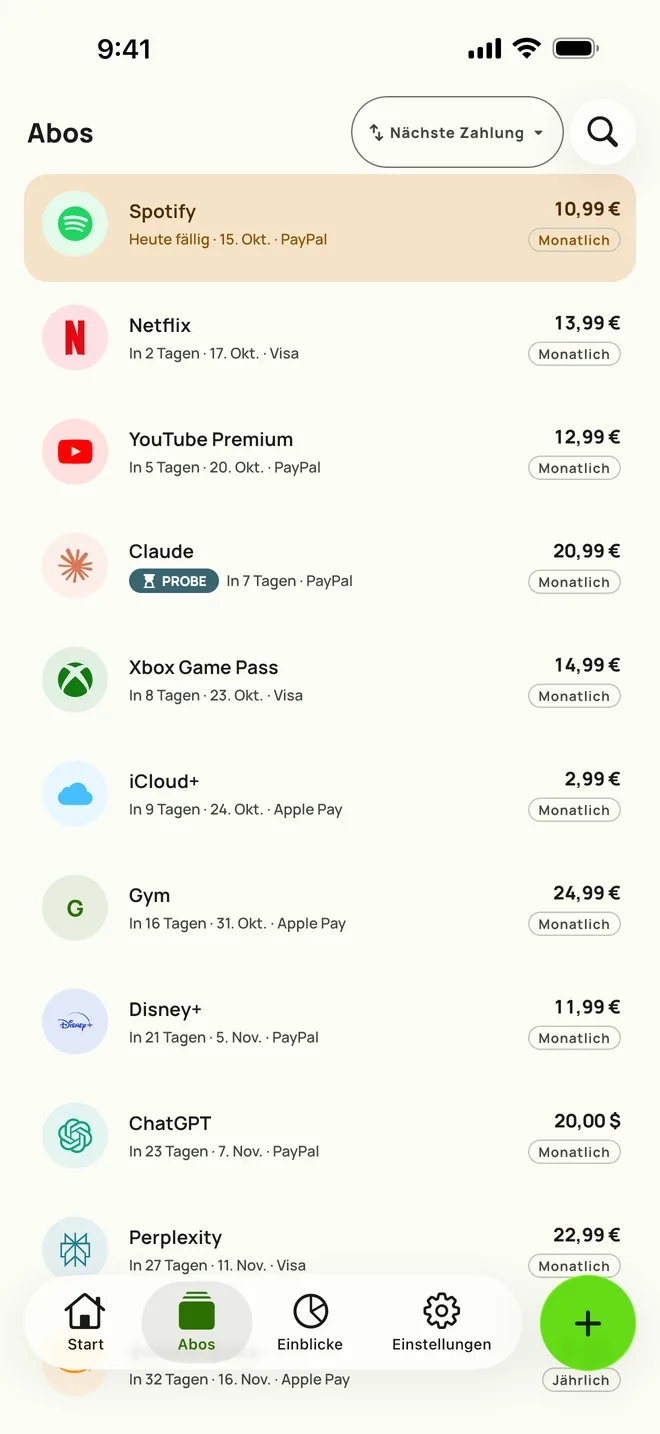 Der Tab Abos in Subby auf dem iPhone, nach nächster Zahlung sortiert: Spotify heute fällig, dann Netflix, YouTube Premium und eine Testphase, jeweils mit Preis und Zyklus