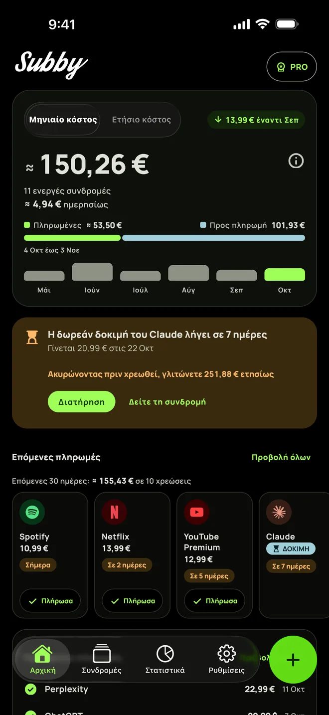 Η Αρχική οθόνη του Subby σε σκούρο θέμα με το μηνιαίο σύνολο και τις επόμενες πληρωμές, σε iPhone