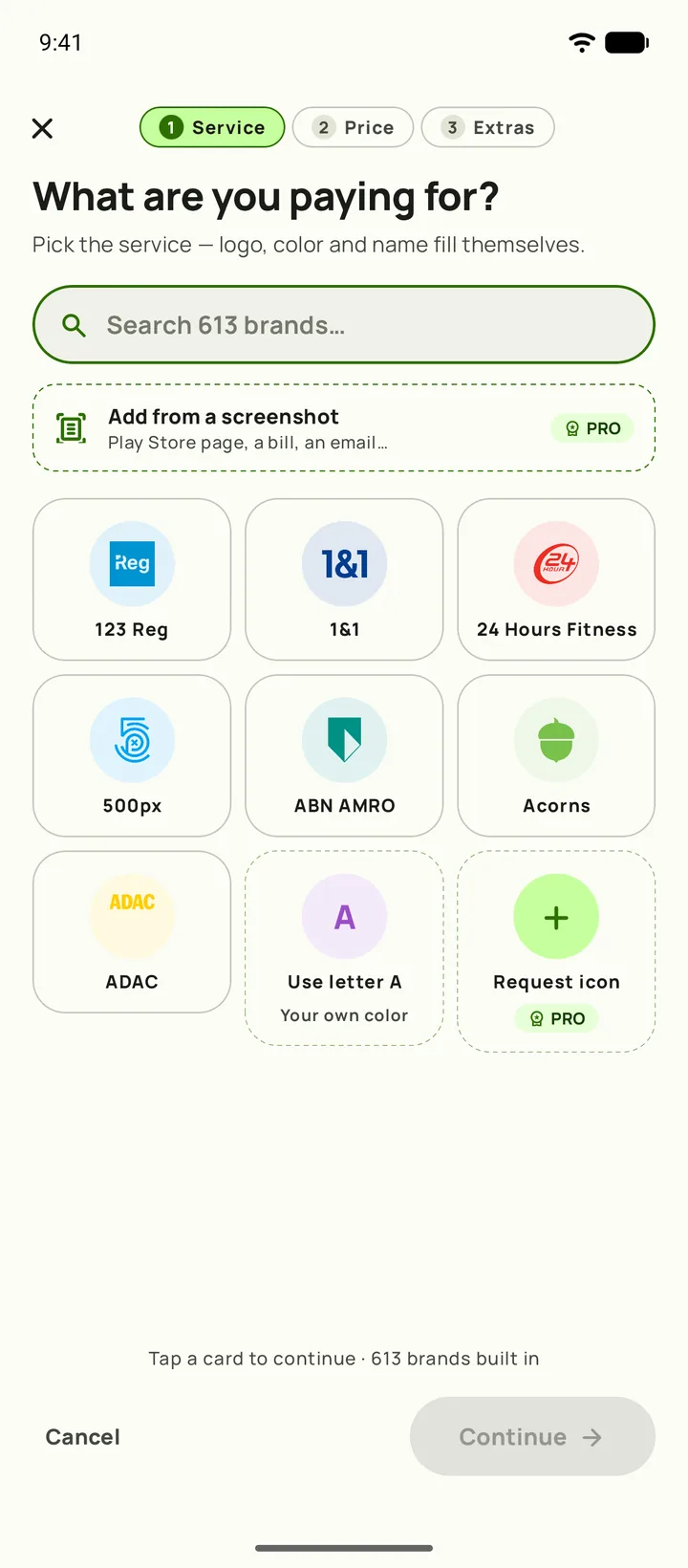 Adding a subscription in Subby. Step one, pick the service, on Android