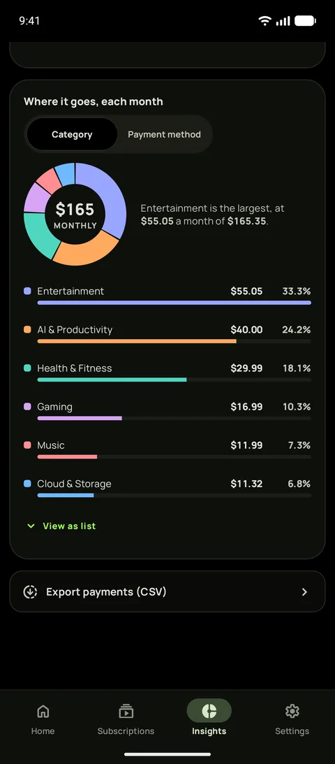 Spending by category in dark mode, and the CSV export, on Android