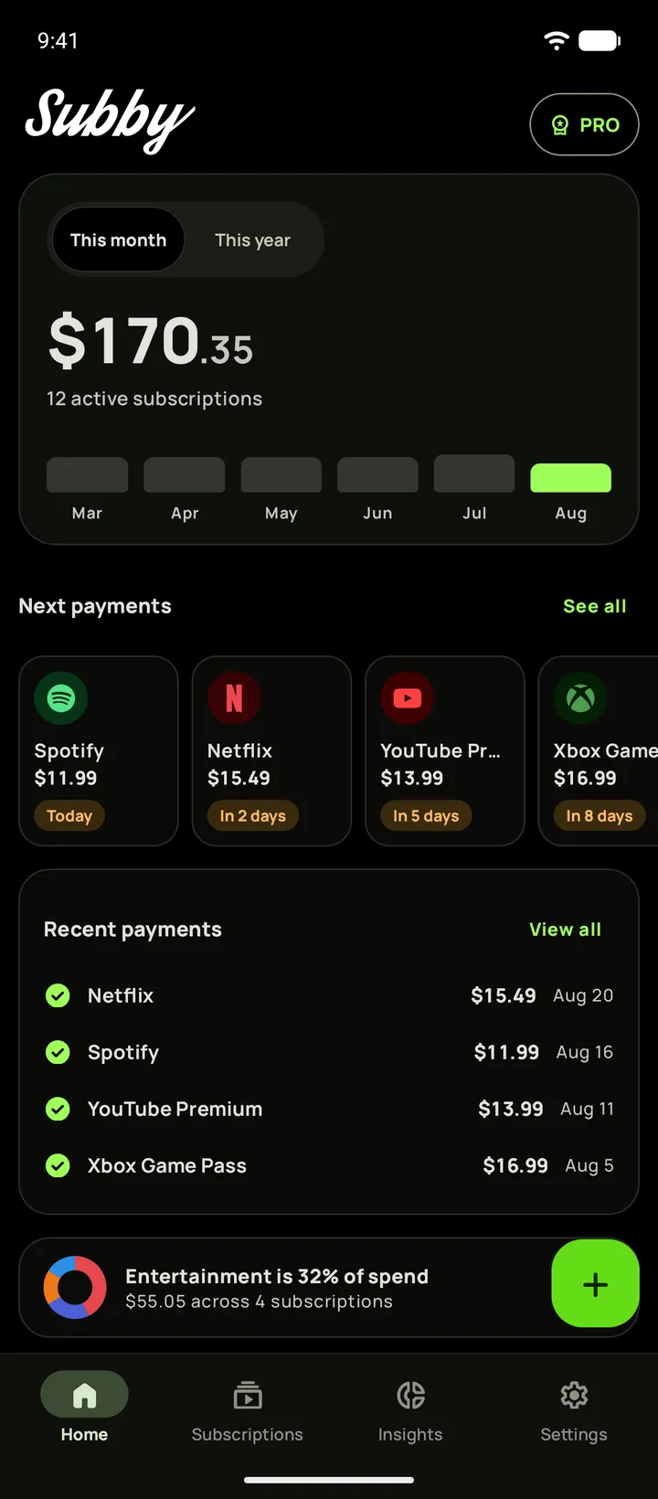 Subby Home in dark mode with the monthly total and next payments, on Android