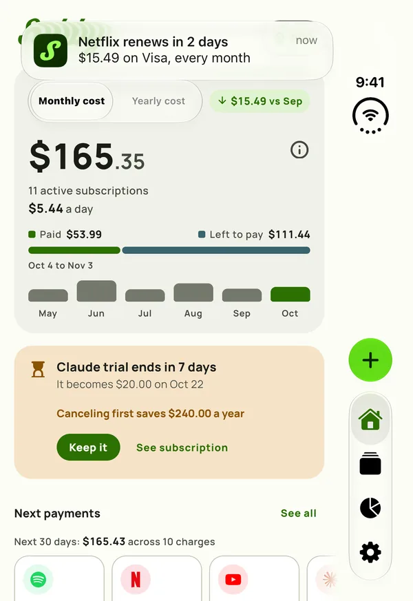 A Subby reminder on the outer panel of the closed iPhone Duo that reads Netflix renews in 2 days, $15.49 on Visa, every month