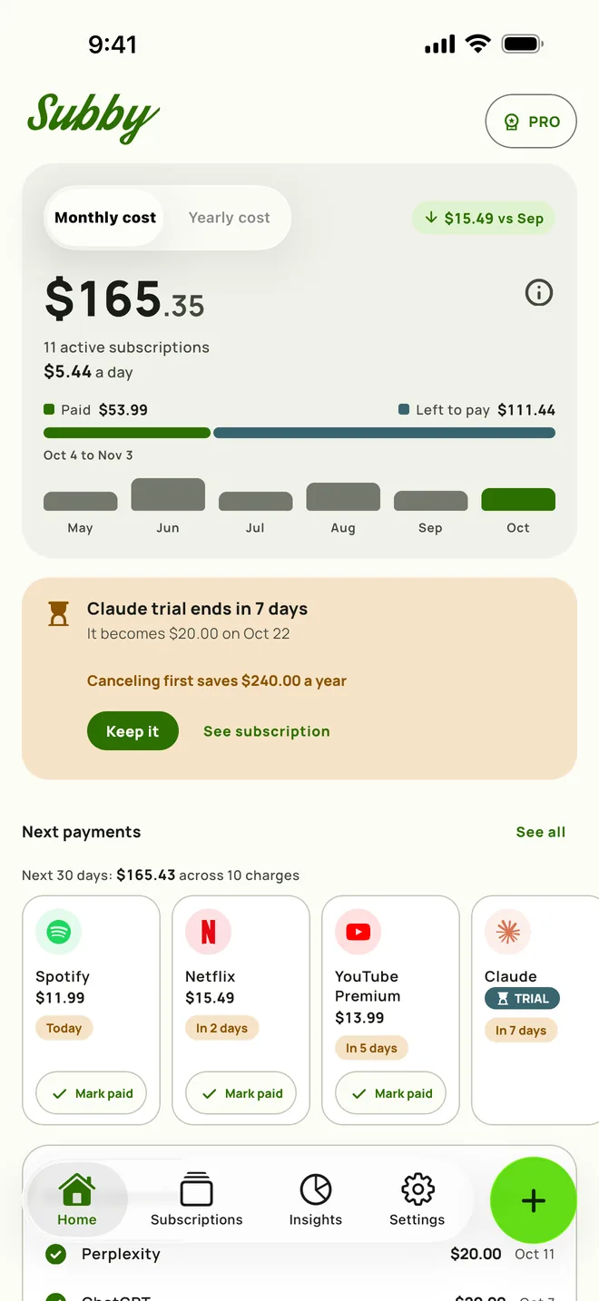 Subby Home with the monthly total, cost per day, paid, left to pay and next payments, on iPhone