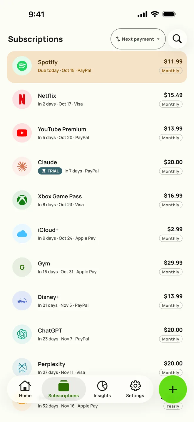 The Subscriptions tab of Subby on iPhone, sorted by next payment: Spotify due today, then Netflix, YouTube Premium and a free trial, each with its price and cycle