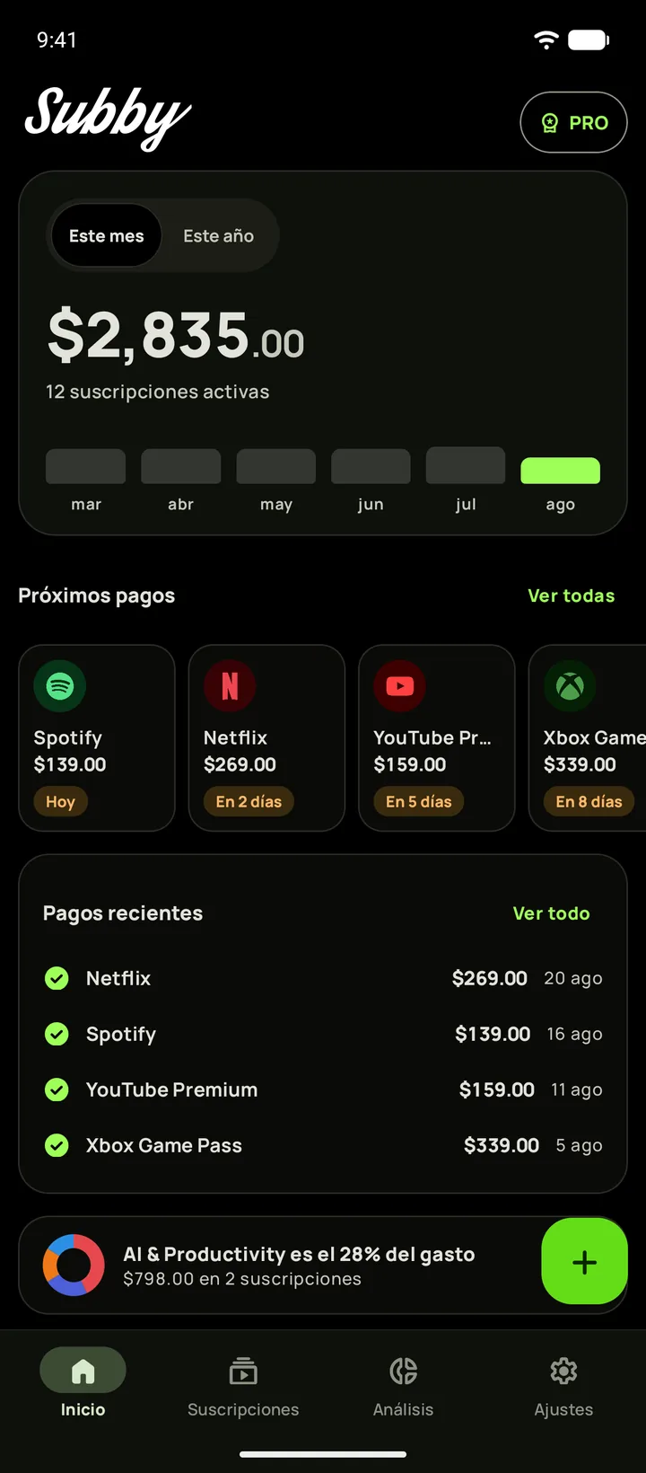 Inicio de Subby en el tema negro puro, con el costo mensual, una tarjeta de una prueba que termina en siete días y los próximos pagos, en Android