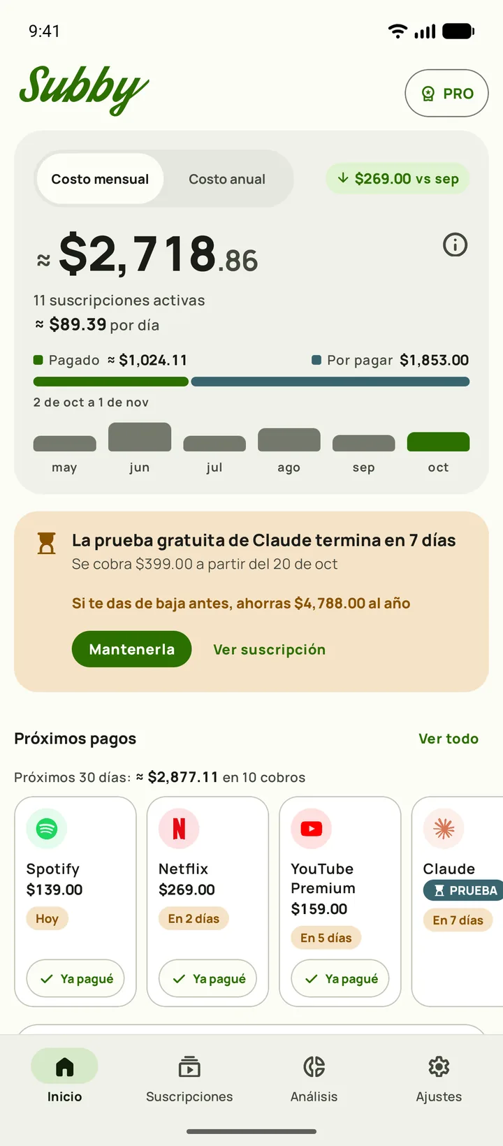 Inicio de Subby en un teléfono Android