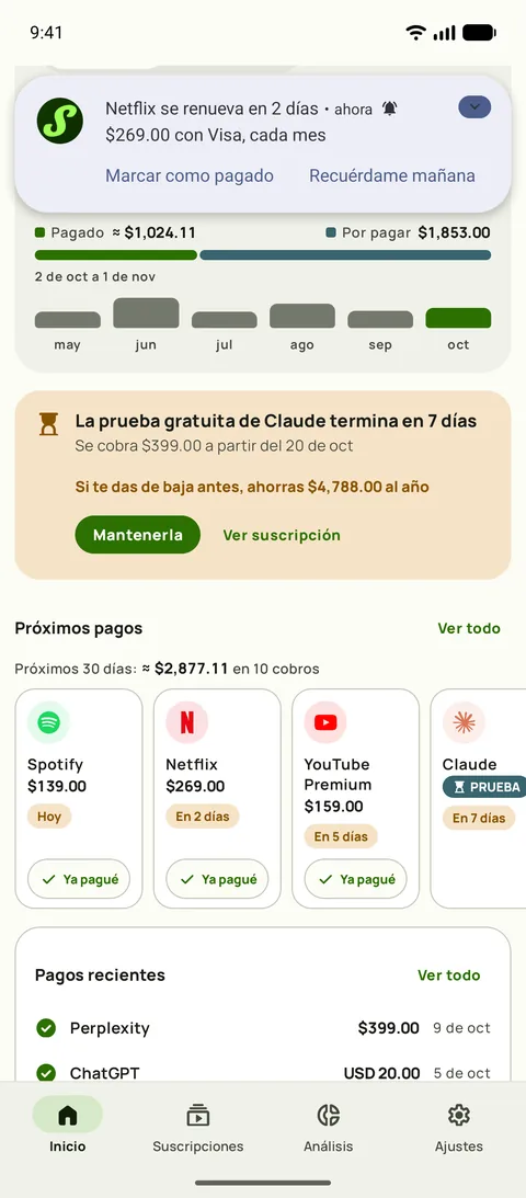 Un recordatorio de Subby en Android: Netflix se renueva en 2 días, $15.49 en Visa, cada mes, con Marcar como pagado y Recordar mañana
