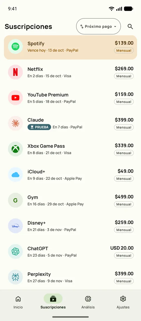 La pestaña Suscripciones de Subby, ordenada por próximo pago, cada suscripción con su precio, tarjeta y ciclo de cobro, en Android