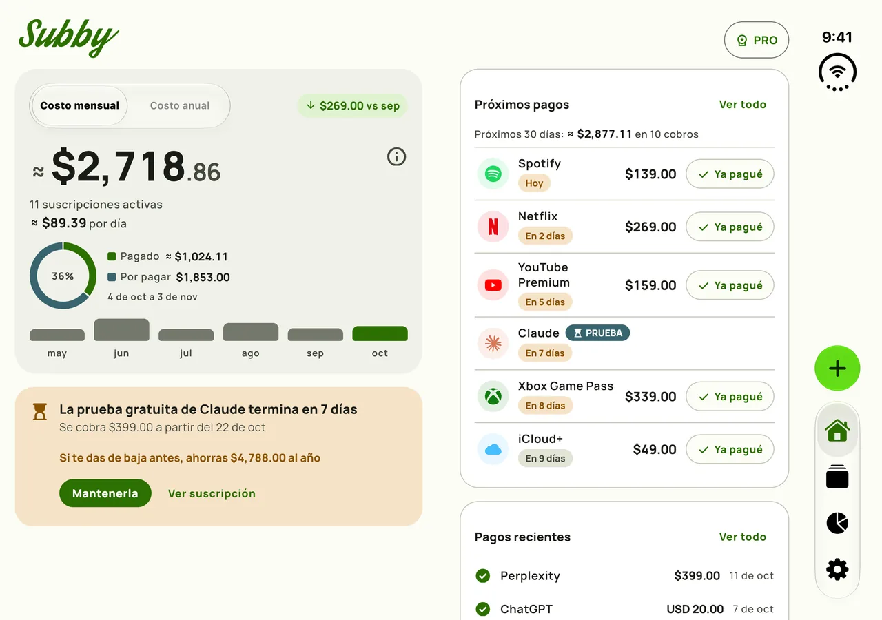 Inicio de Subby en el iPhone Duo abierto, con el total mensual y una tarjeta de prueba en el panel izquierdo y los próximos pagos, cada uno con Marcar como pagado, en el derecho