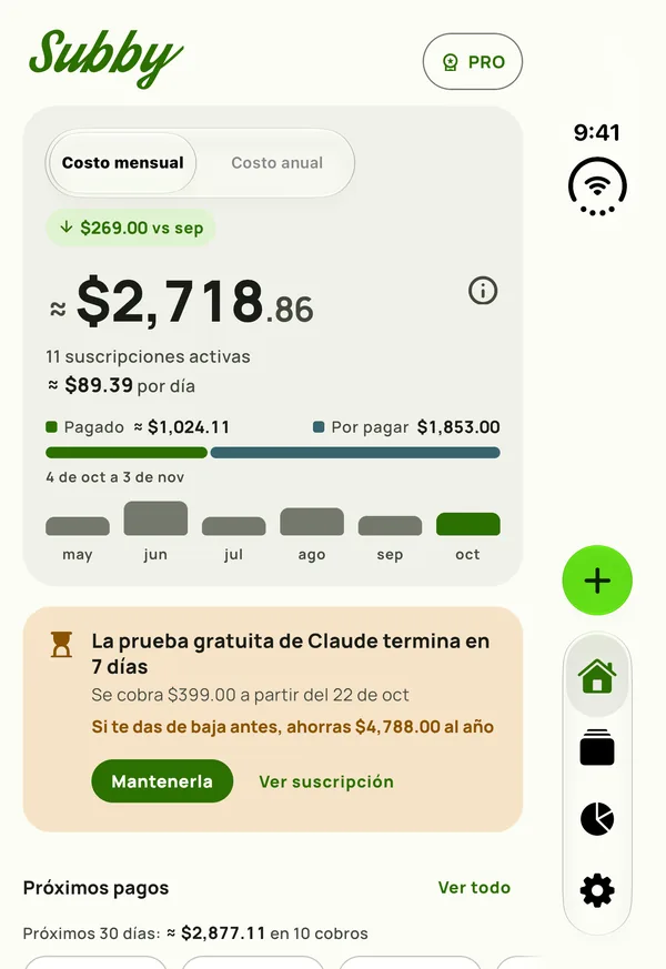 Inicio compacto de Subby en el panel exterior del iPhone Duo cerrado, con el total mensual y una tarjeta de prueba