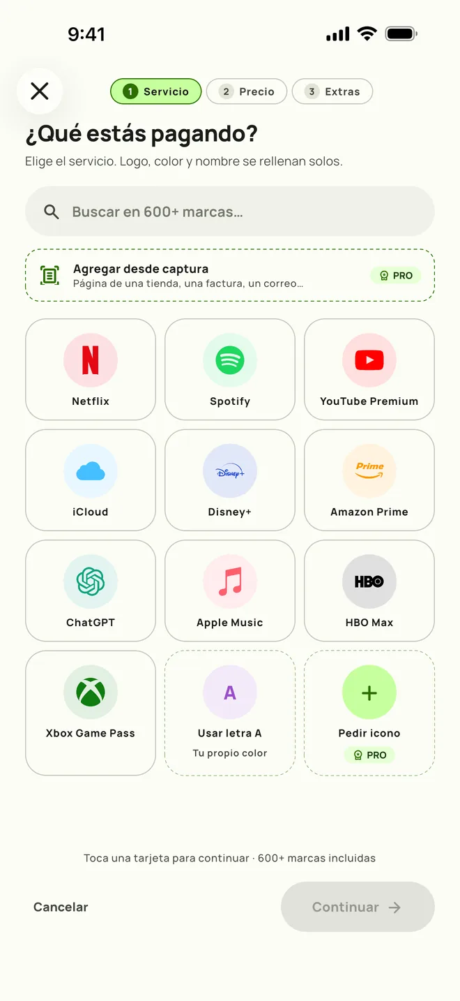 Agregar una suscripción en Subby. Paso uno, elegir el servicio, en iPhone