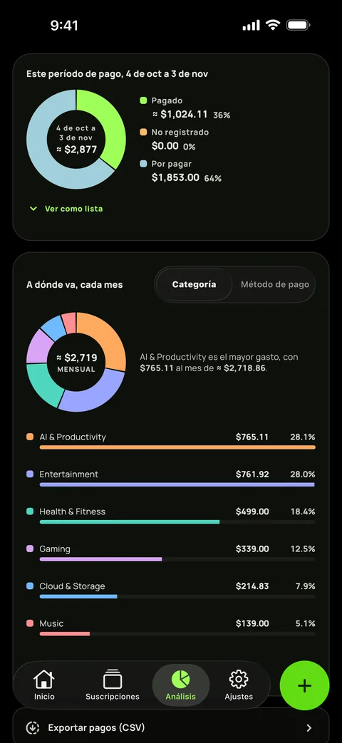 Gasto por categoría en modo oscuro, y la exportación CSV, en iPhone
