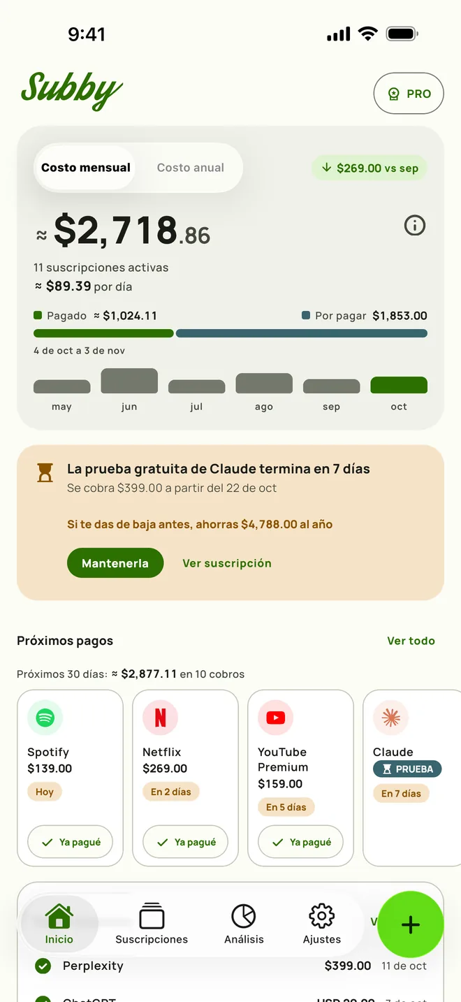 Inicio de Subby en iPhone