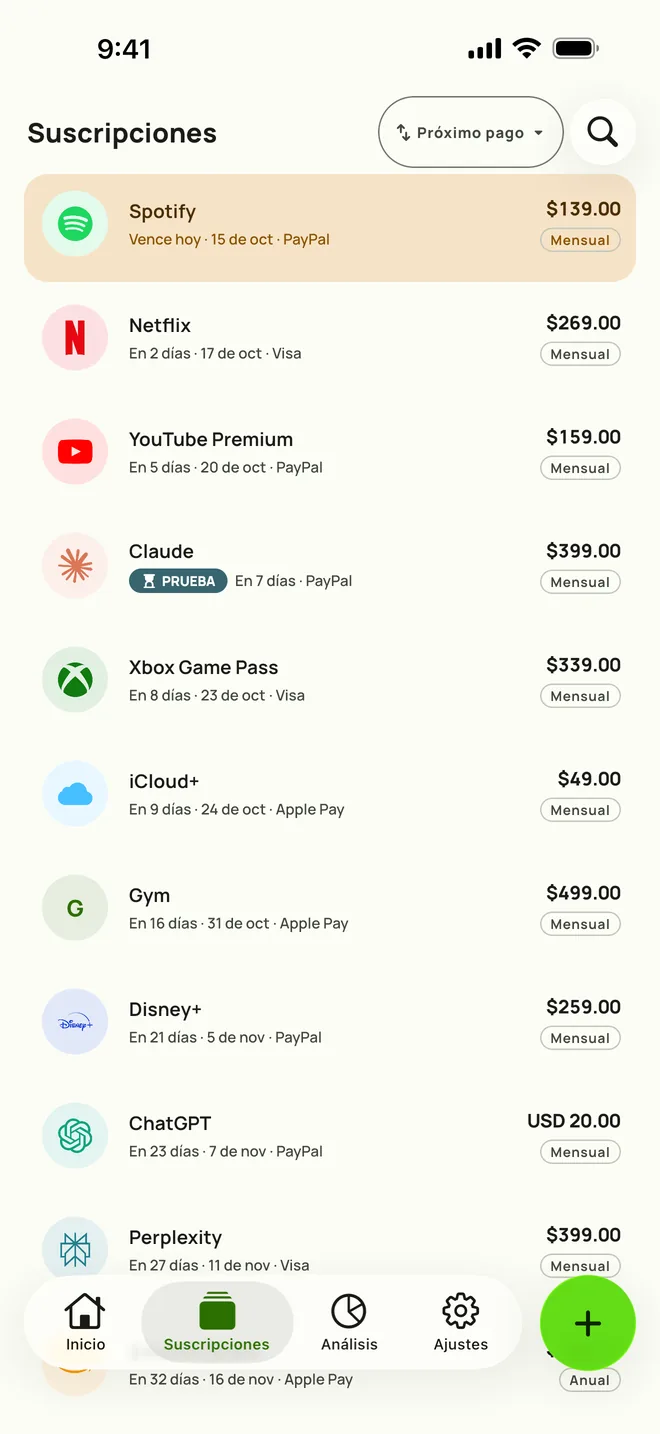La pestaña Suscripciones de Subby en iPhone, ordenada por próximo pago: Spotify vence hoy, luego Netflix, YouTube Premium y una prueba gratuita, cada una con su precio y ciclo